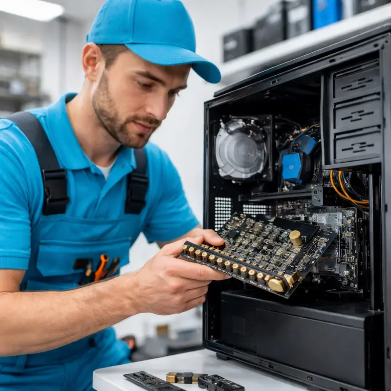 Мастер устанавливает звуковую карту на ПК в Коркино